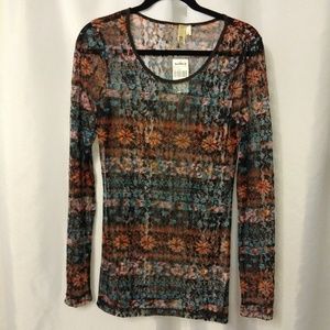 BKE Blouse brown rust sheer long sleeve scoop neck